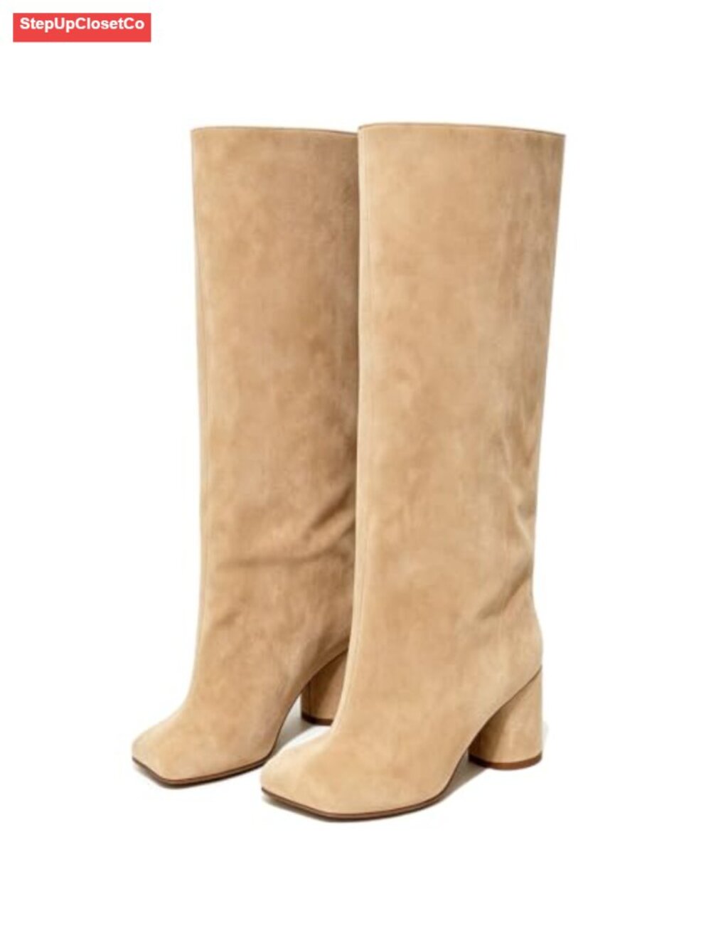 Wide Calf Knee High Boots Women Chunky Heel Square Toe Suede Tall Boots